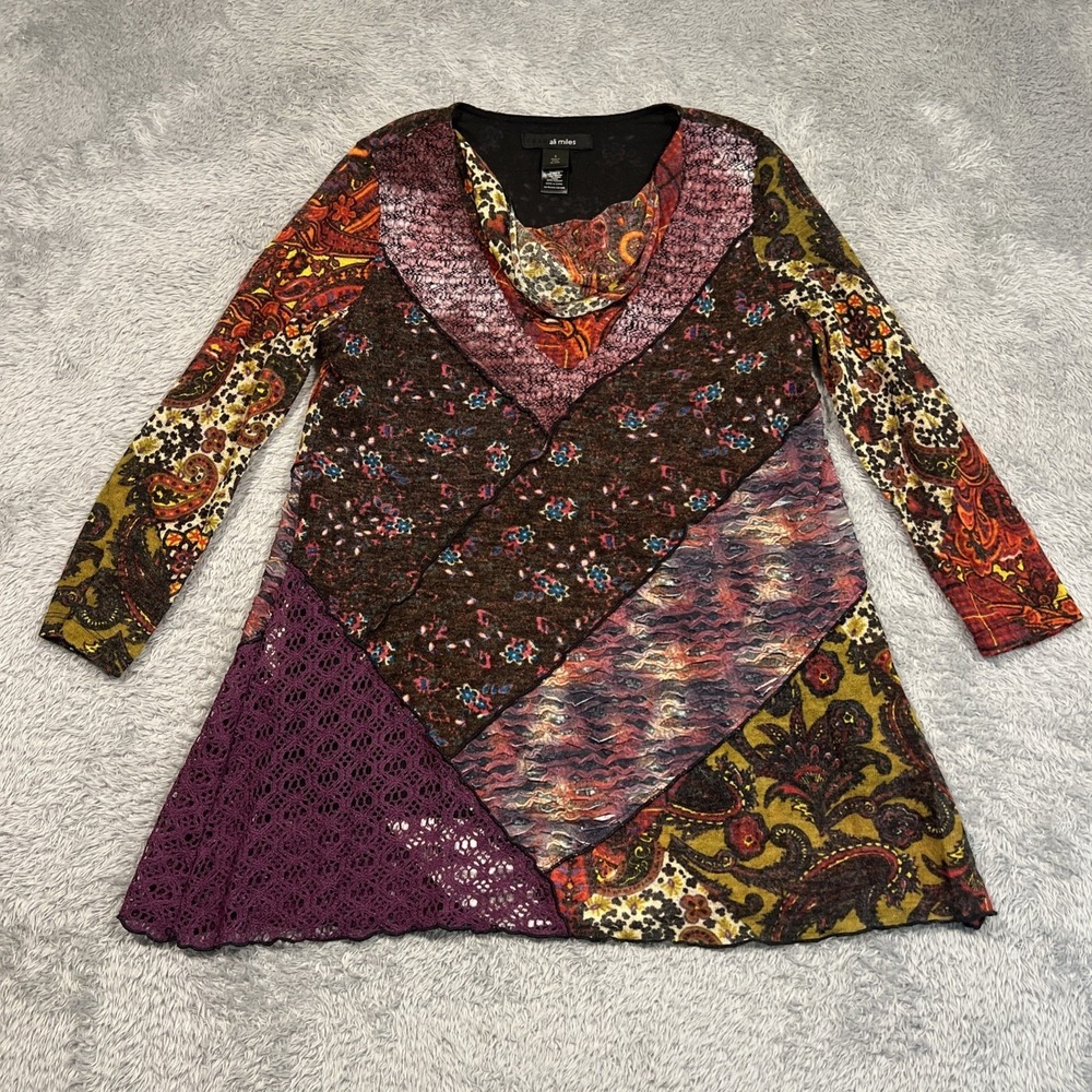 Ali Miles‎ Tunic Sweater Mixed Fabric Textured Abstract 3/4 Sleeve Womens Small